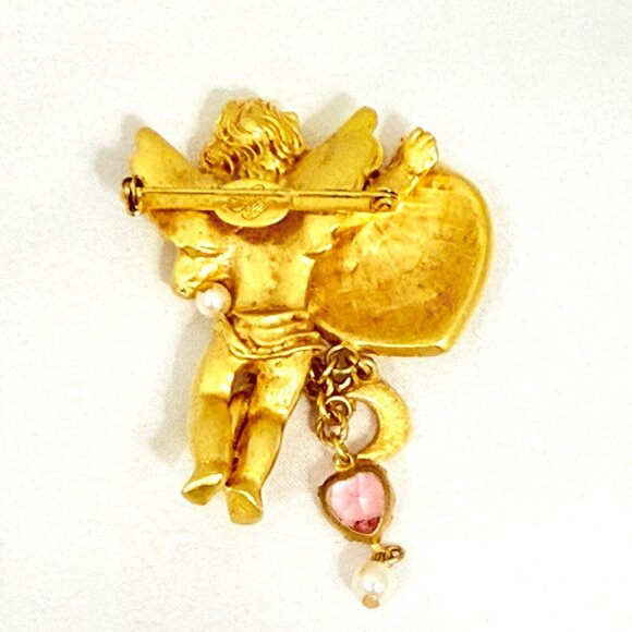 Rare Kirk's Folly Cherub Angel w/Rhinestone Heart Gold-Tone Angel Brooch - Picture 7 of 8